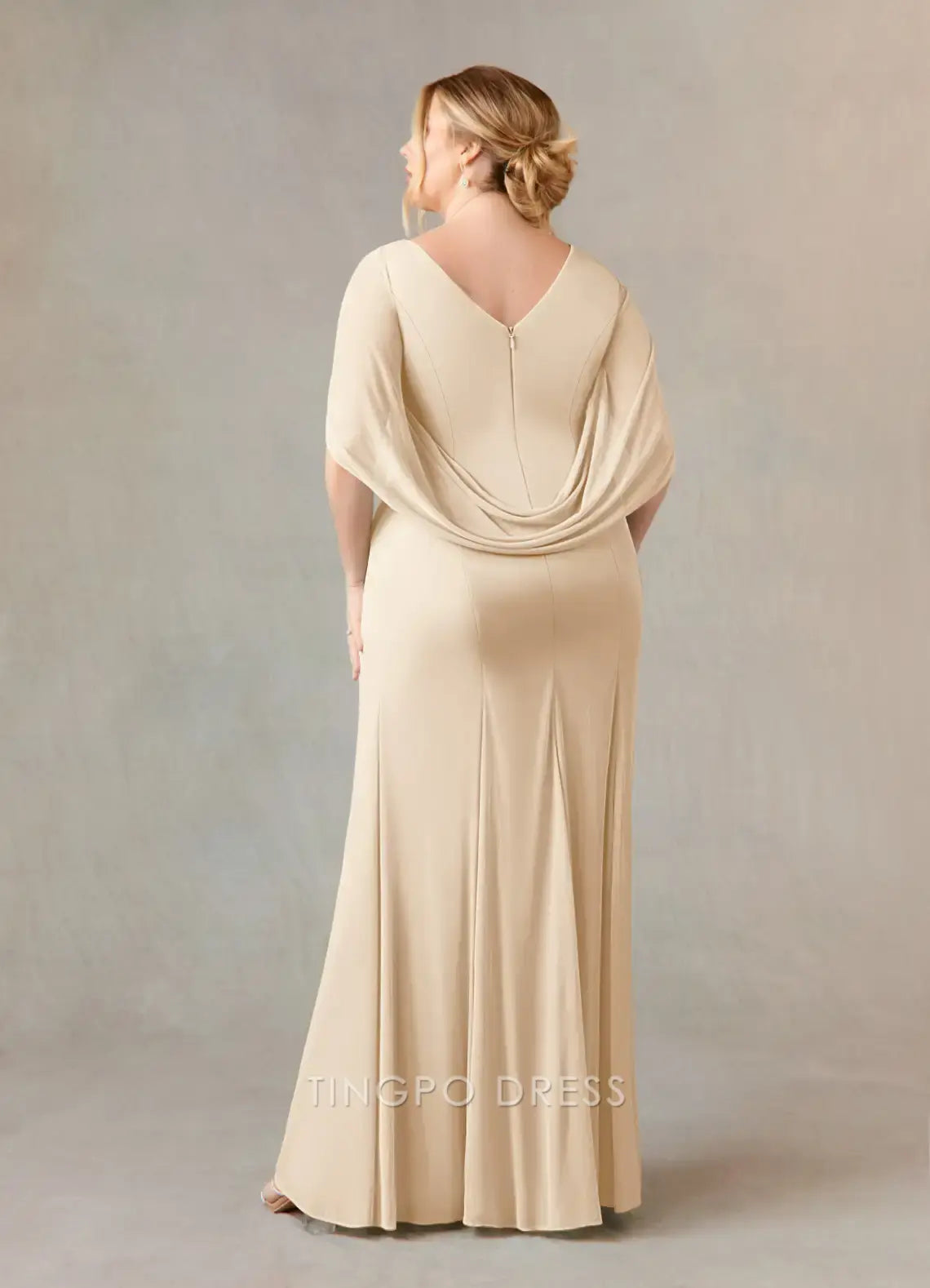 TingPo Wholesale Elegant Mother of the Bride Plus Size Champagne Mermaid Scoop Pleated Mesh Dress hot sale for ladies